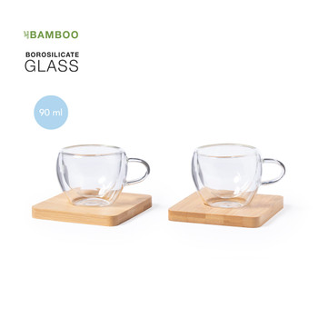 Gladen Boroszilikát Üveg Bögre Készlet Bambusz Alátéttel  