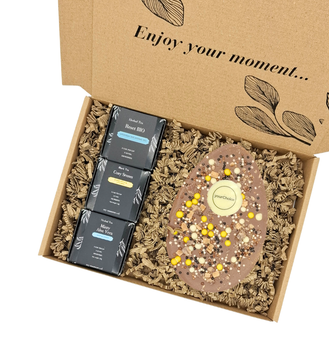 Logózható húsvéti XL belga csokoládé tojás 3 Zen teával – egyedi céges ajándékcsomag