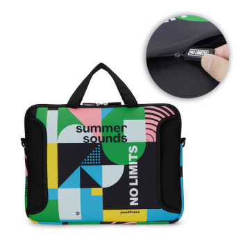Szublimált, cipzáras neoprén laptop tok elülső zsebbel.