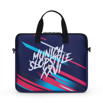 Szublimált, cipzáras neoprén laptop tok hátsó zsebbel.