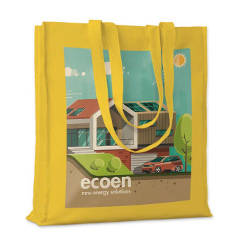 Pamutvászon bevásárlótáska oldalsó- és talp toldással, hosszú fülekkel (38x10x42 cm).