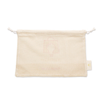 Egy oldalon hálós pamut bevásárlótáska (30x20 cm). Élelmiszerrel érintkezésre alkalmas tanúsítvánnyal.