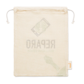 Egy oldalon hálós pamut bevásárlótáska (30x35 cm). Élelmiszerrel érintkezésre alkalmas tanúsítvánnyal.