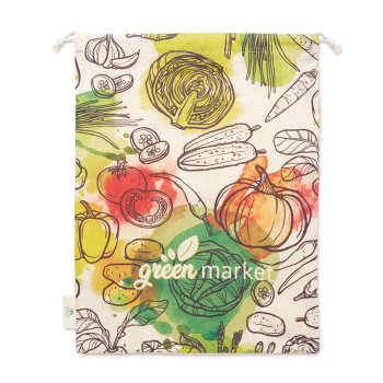 Egy oldalon hálós pamut bevásárlótáska (30x40 cm). Élelmiszerrel érintkezésre alkalmas tanúsítvánnyal.