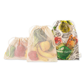 3 darab, egy oldalon hálós pamut bevásárlótáskából álló szett. Élelmiszerrel érintkezésre alkalmas tanúsítvánnyal.