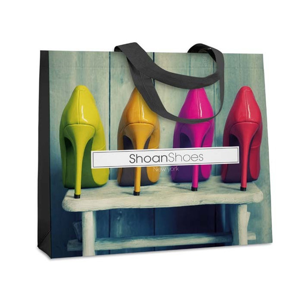 Fekvo formátumú bevásárlótáska (hoforrasztott): 45x35x10 cm.