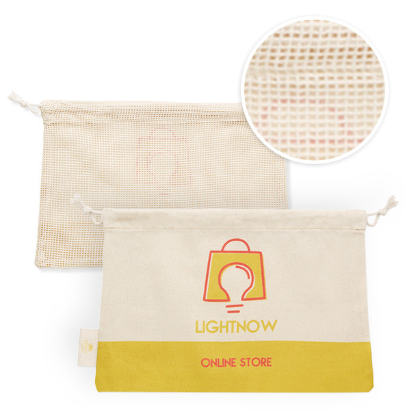 Egy oldalon hálós pamut bevásárlótáska (30x20 cm). Élelmiszerrel érintkezésre alkalmas tanúsítvánnyal.