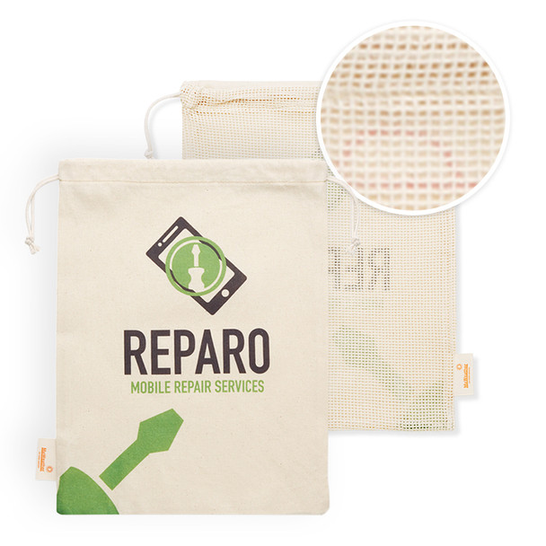 Egy oldalon hálós pamut bevásárlótáska (30x35 cm). Élelmiszerrel érintkezésre alkalmas tanúsítvánnyal.