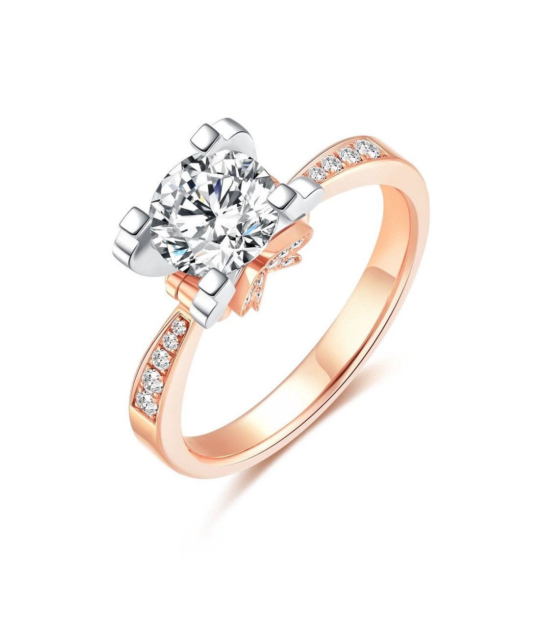 Cow Head Butterfly Heart Lab-Grown 18K Rose Gold Engagement Ring 4 Claw