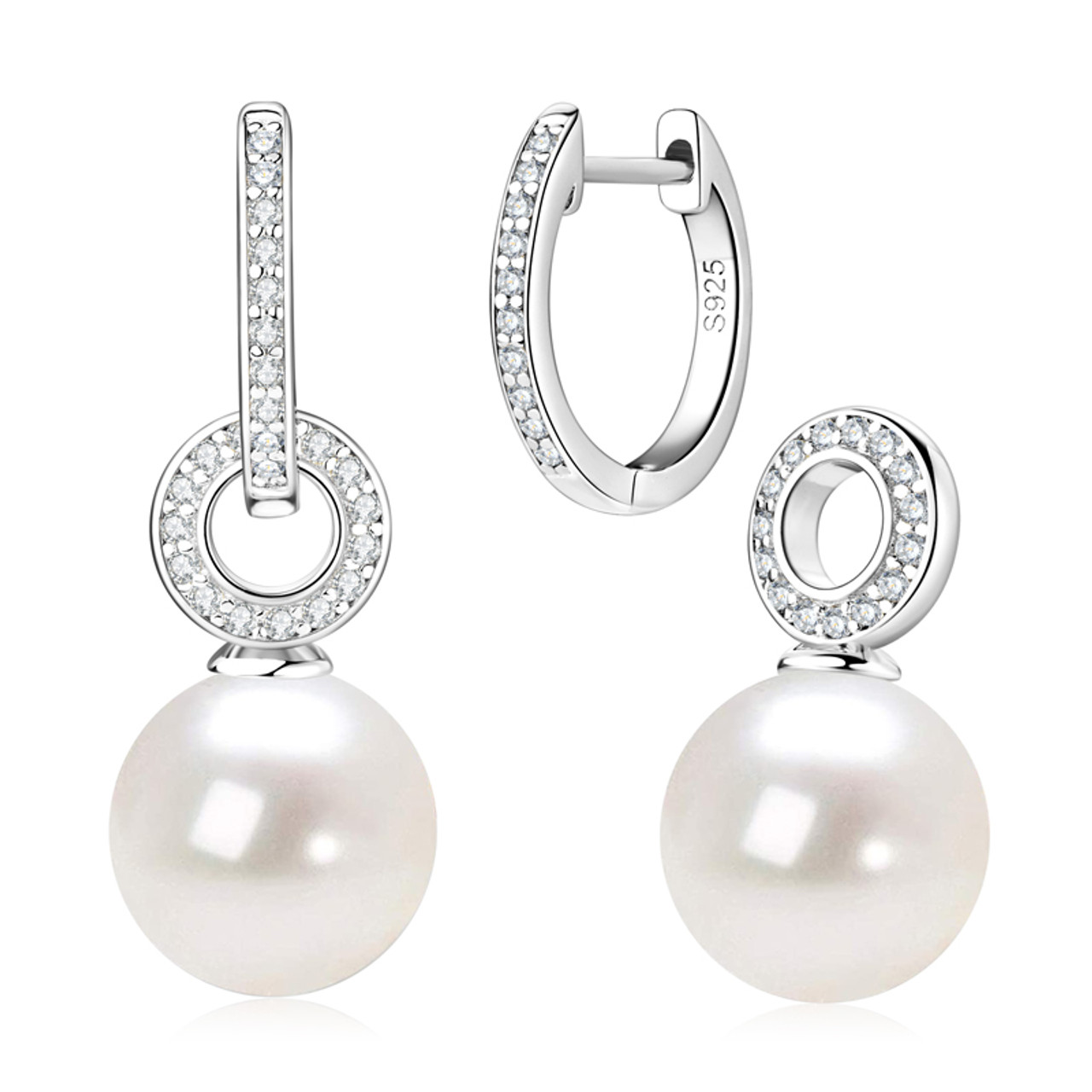 Detachable Freshwater Cultured Pearl Sparkling Hoop Earrings