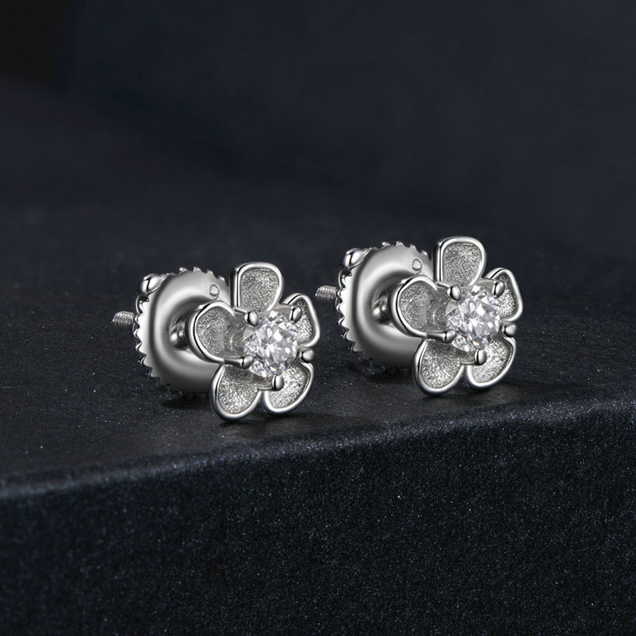Silver Sakura Blossom Studs with Moissanite Stone