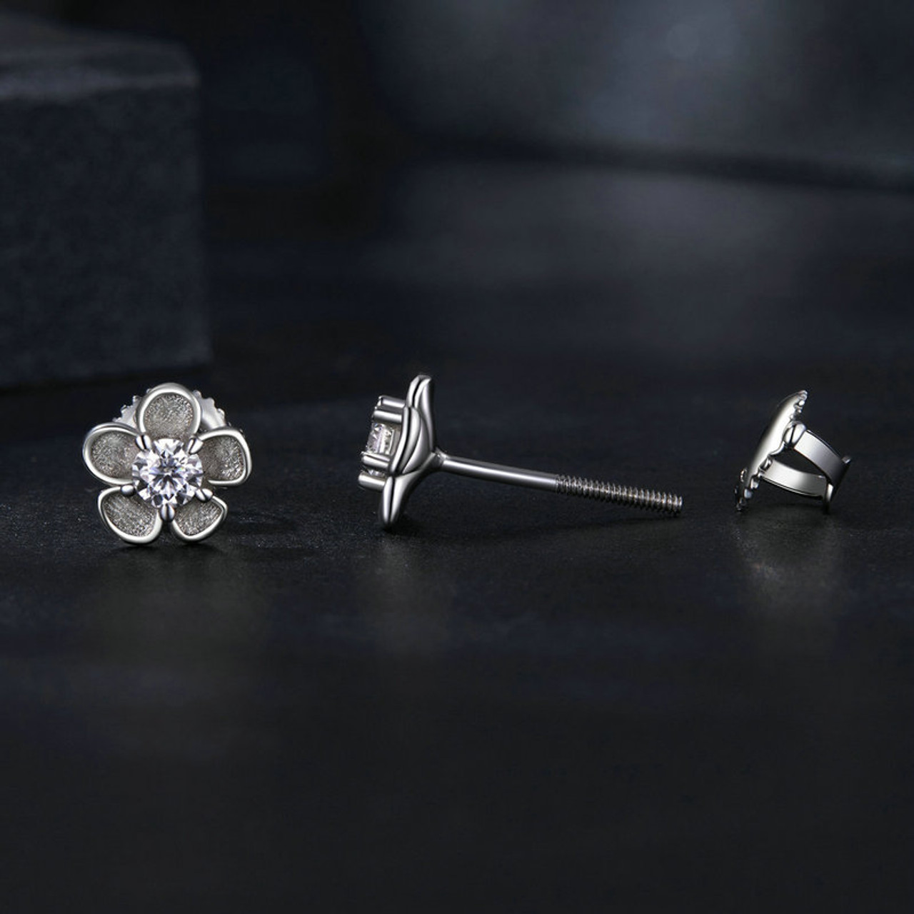 Silver Sakura Blossom Studs with Moissanite Stone
