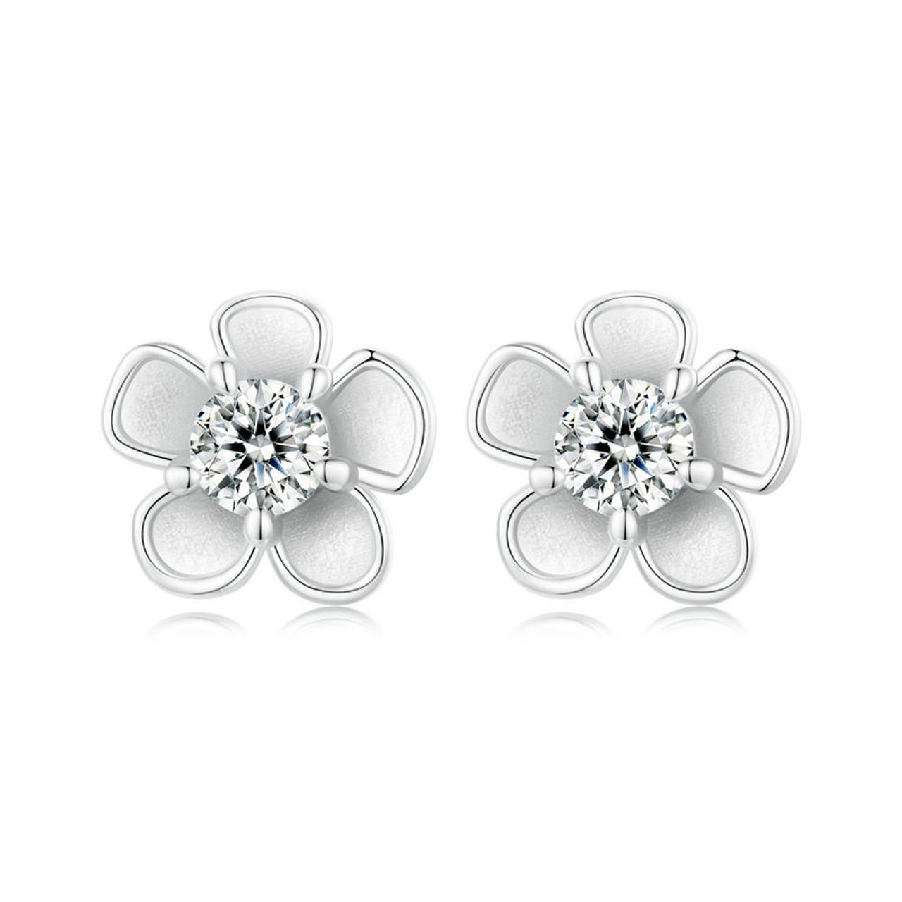 Silver Sakura Blossom Studs with Moissanite Stone