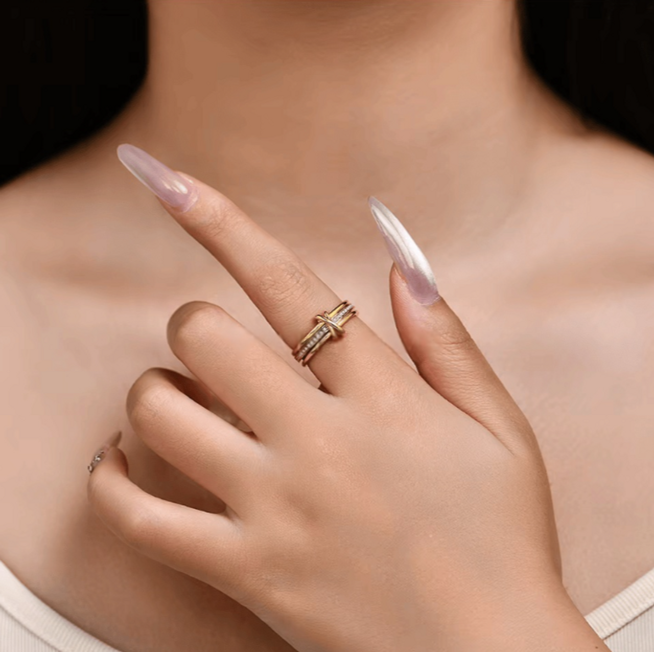 Embracing Infinite Sparkling Moissanite Crossover Ring