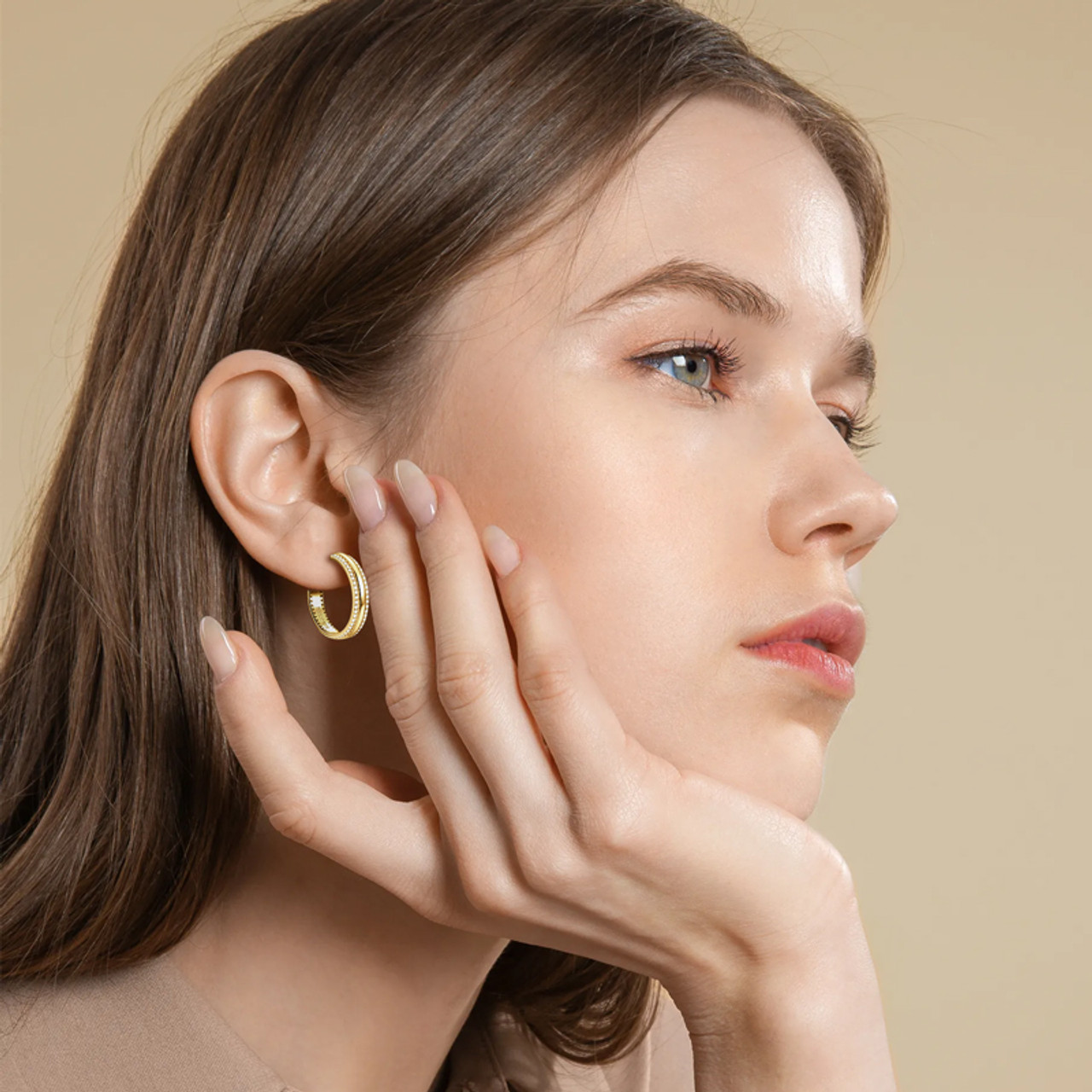 Shining Path Double Lined Micro Set Moissanite Imitation Hoop Stud Earrings