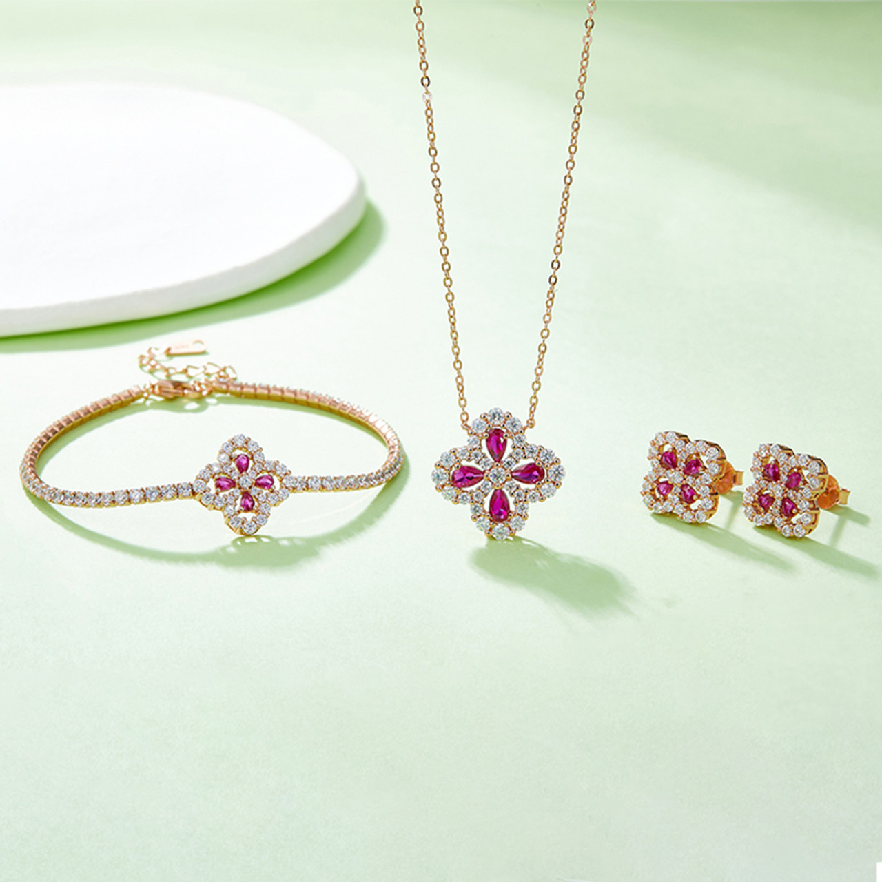 Rose Gold Dazzling Lab Created Ruby Clover Gift Set
