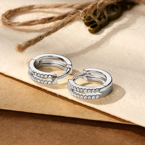 Mini Doubled Lined Pave Sparkling Moissanite Hoop Huggies
