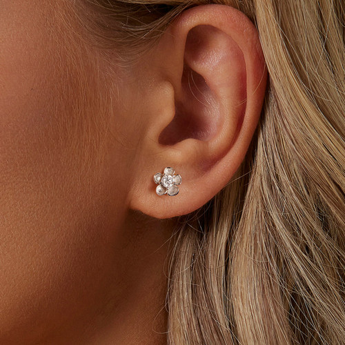 Silver Sakura Blossom Studs with Moissanite Stone