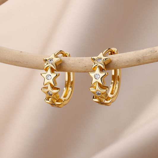 Gold-Tone Star-Detail Hoop Earrings – Stainless Steel – product view