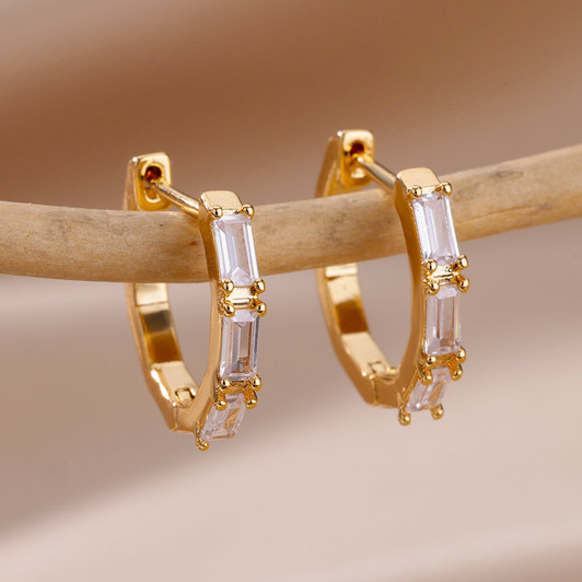 Gold-Tone Baguette-Accent Hoop Earrings – Stainless Steel – product view