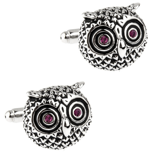 Silver-Tone Owl Cufflinks with Purple Eye Accents – Pair – product view
