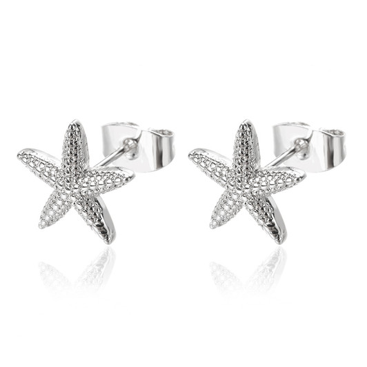 Silver-Tone Textured Starfish Stud Earrings – Stainless Steel – product view