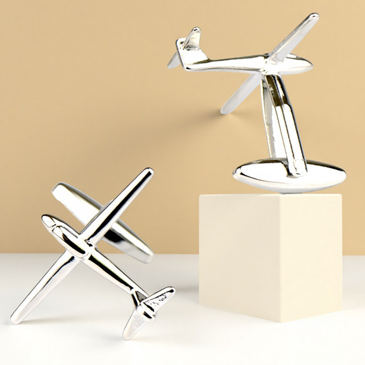 Silver-Tone Aeroplane Cufflinks – Stainless Steel Pair – product view