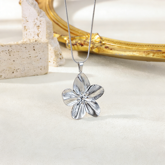 Silver-Tone Sculpted Flower Pendant Necklace – Stainless Steel – main view