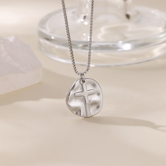 Silver-Tone Sculptural Teardrop Pendant Necklace – Stainless Steel – main view