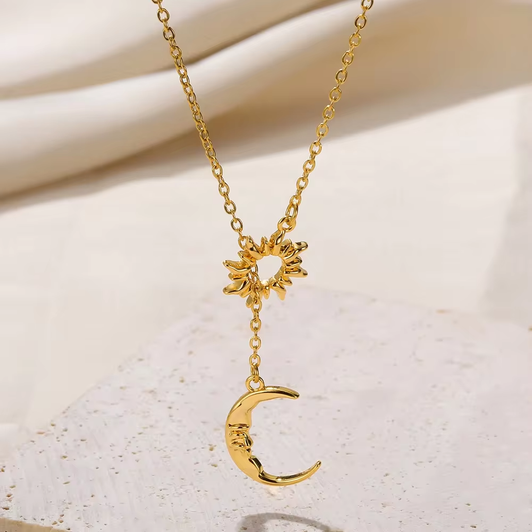 Gold-Tone Sun & Crescent Lariat Necklace – Stainless Steel – main view