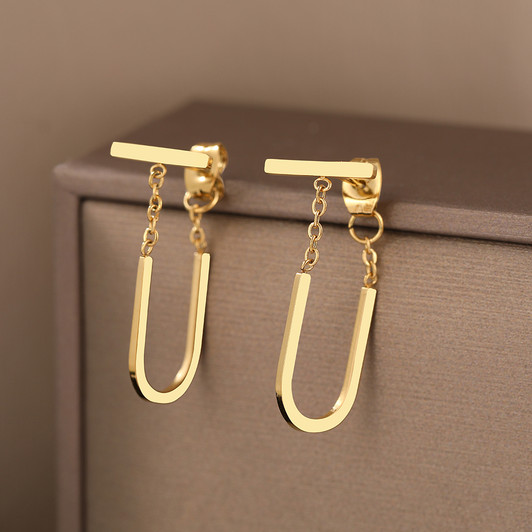 Gold-Tone U-Shape Chain Drop Earrings – Stainless Steel – main view
