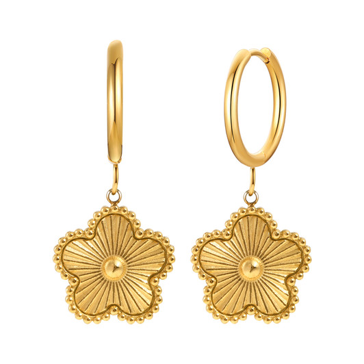 Gold-Tone Textured Flower Drop Earrings – Stainless Steel – main view