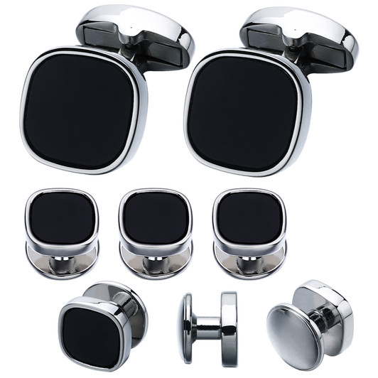 Black Square Cufflinks & Shirt Stud Set – Silver Tone (1)