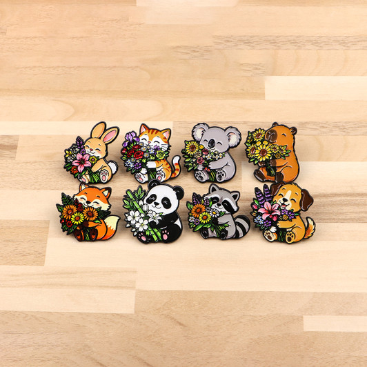 Flower-Holding Animal Enamel Pin Set – 8 Pieces (1)