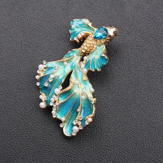 Teal Enamel Goldfish Brooch