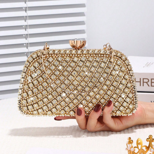 Gold-Tone Rhinestone Evening Clutch with Top Handle