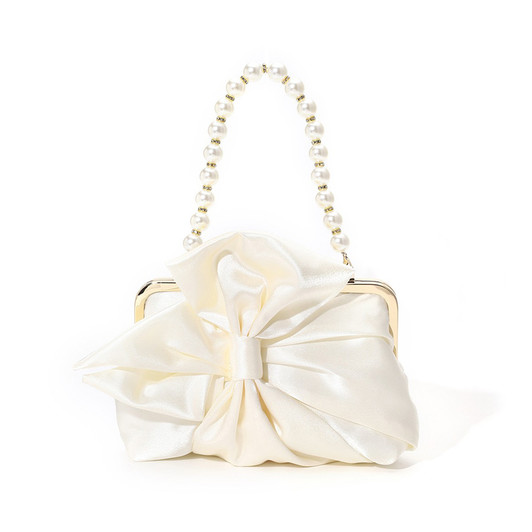 Ivory Satin-Finish Bow Clutch with Pearl-Effect Handle
