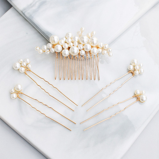 Five Piece Faux Pearl Bridal Comb and Hairpin Set