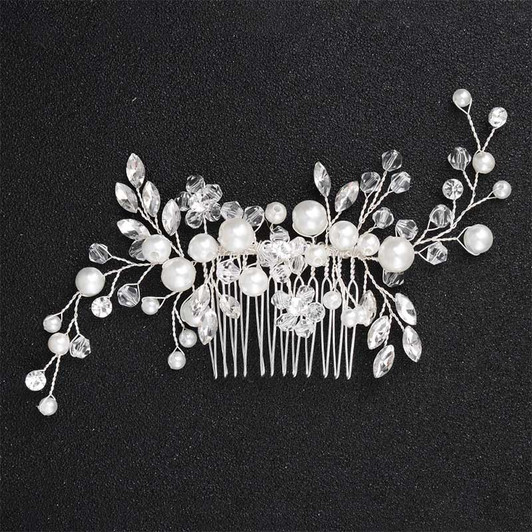 Silver Botanical Flower and Faux Pearl Hair Comb