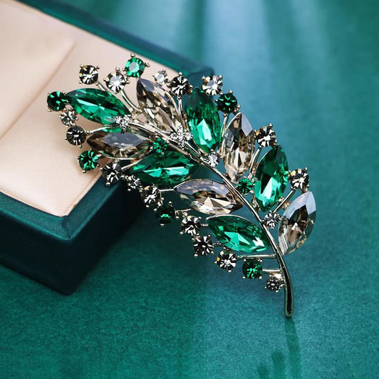 Green and Champagne Crystal Leaf Brooch