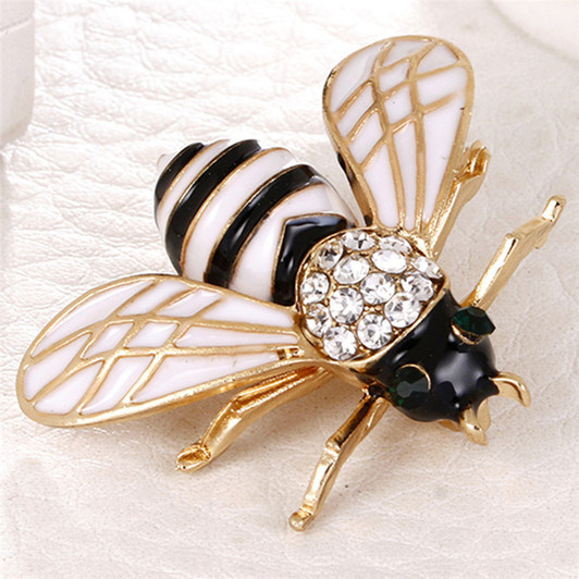 White Enamel and Crystal Bee Brooch