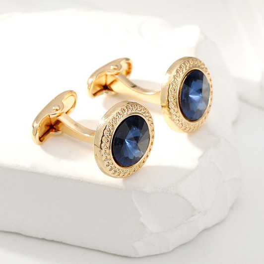 Gold-Tone Blue Crystal Round Cufflinks (1)