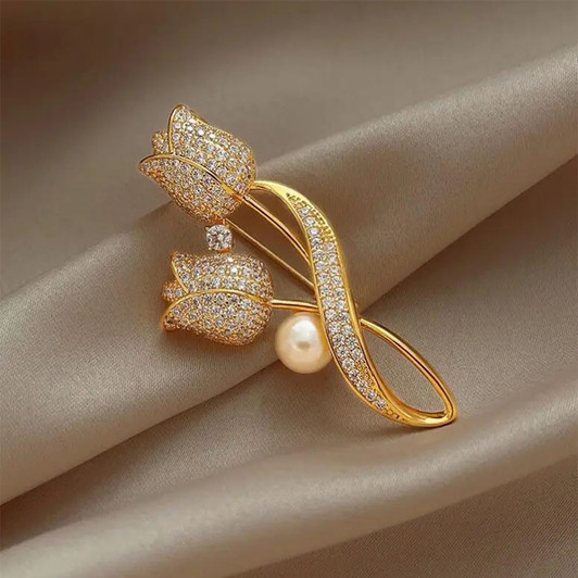Gold-Tone Double Tulip Crystal Brooch