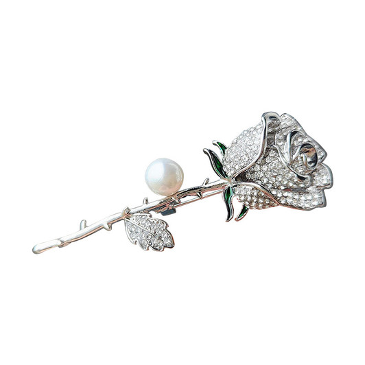 Silver-Tone Crystal Rose Stem Brooch (1)