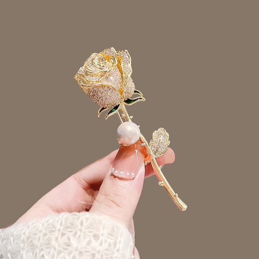 Gold-Tone Crystal Rose Stem Brooch (1)