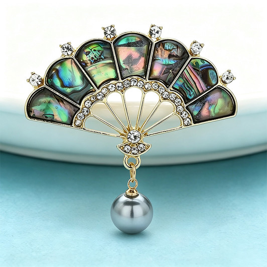 Iridescent Shell Fan Brooch with Grey Pearl-Effect Drop (1)