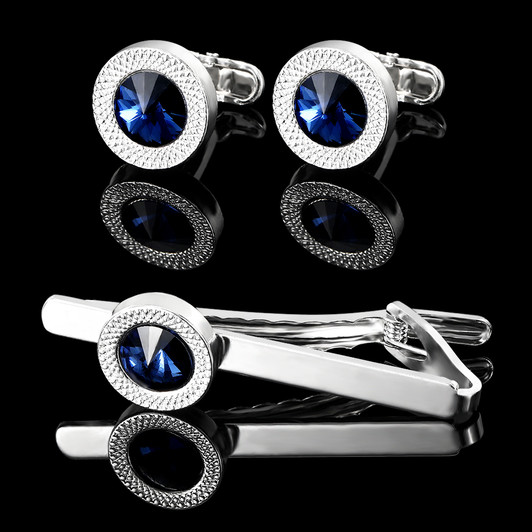 Blue Crystal Cufflinks and Tie Clip Set (1)