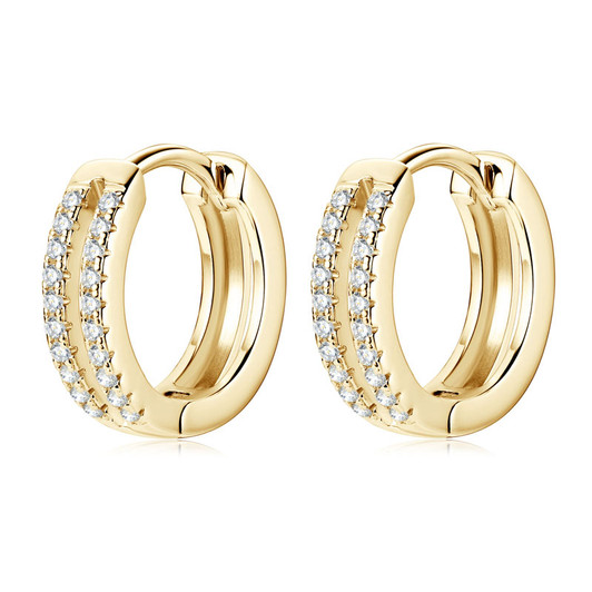Mini Doubled Lined Pave Sparkling Moissanite Hoop Huggies 14K Yellow Gold Plating