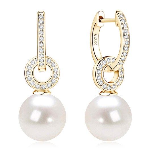 Detachable Freshwater Cultured Pearl Sparkling Hoop Earrings Yellow Gold Plating