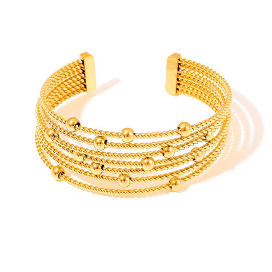 Gold-Tone Beaded Multi-Row Stainless Steel Cuff – Z184, 60 mm – product view